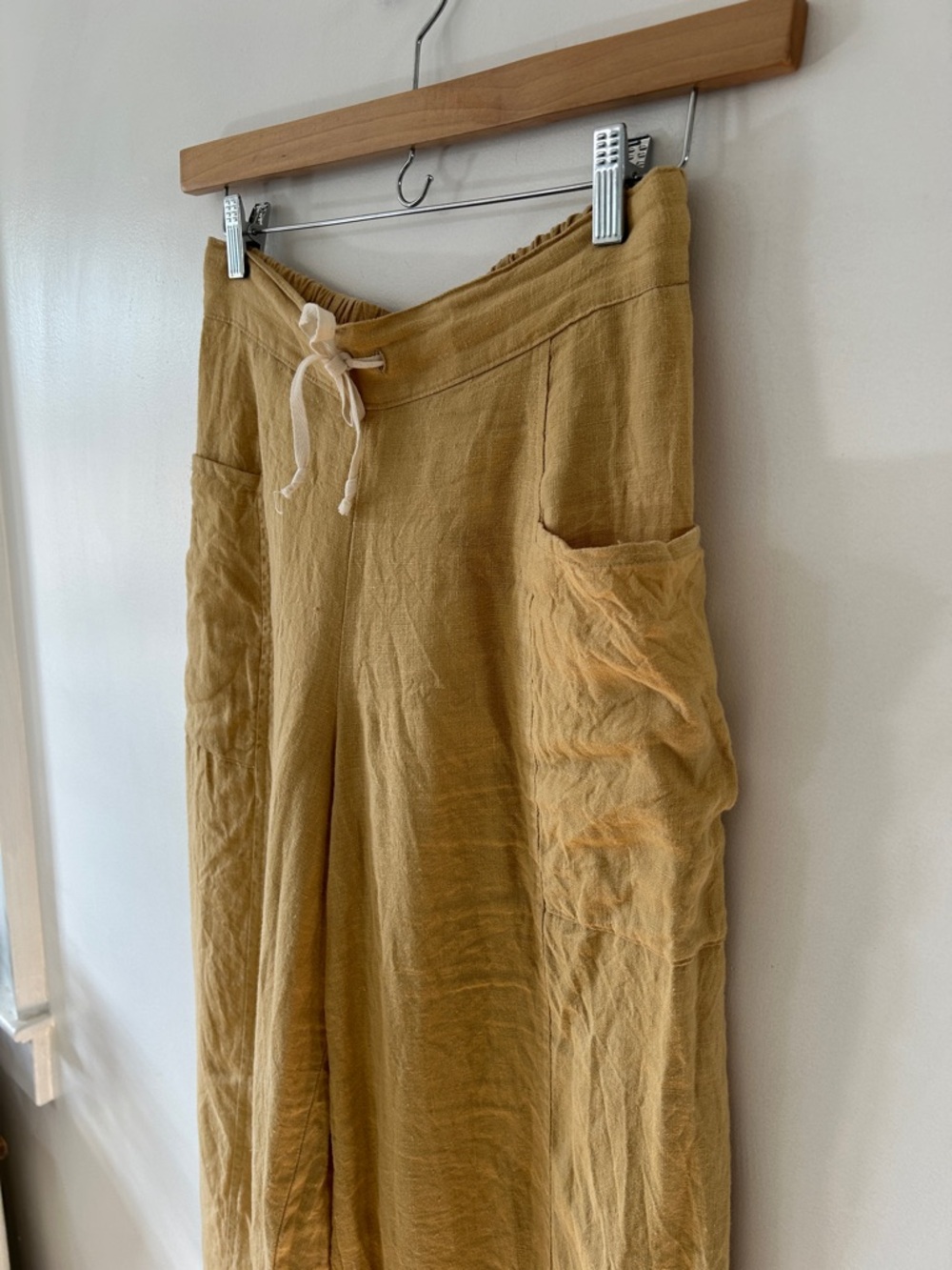 Flax Linen Wide-Leg Pants Women’s S Mustard Yellow Elastic Waist Beach Casual - Picture 13 of 16